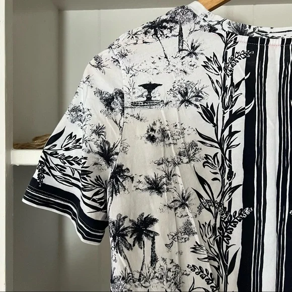 Tory Burch White & Navy Pima Cotton Short Sleeve Scoop Neck Plant Print Top - Picture 6 of 7